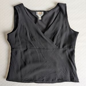 Talbots Pure Silk Black Sleeveless Blouse size 14 V neck business capsule office